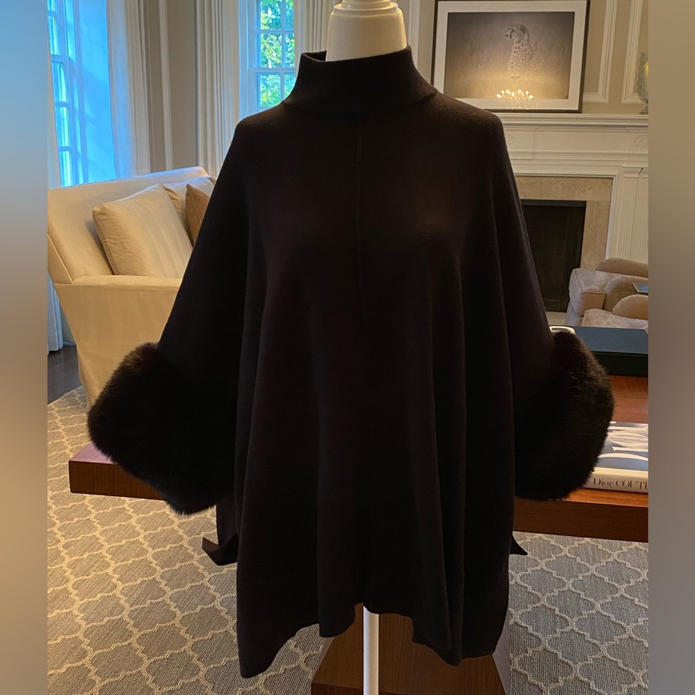 Saks Fifth Avenue Mock Neck Faux Fur Trimmed Poncho